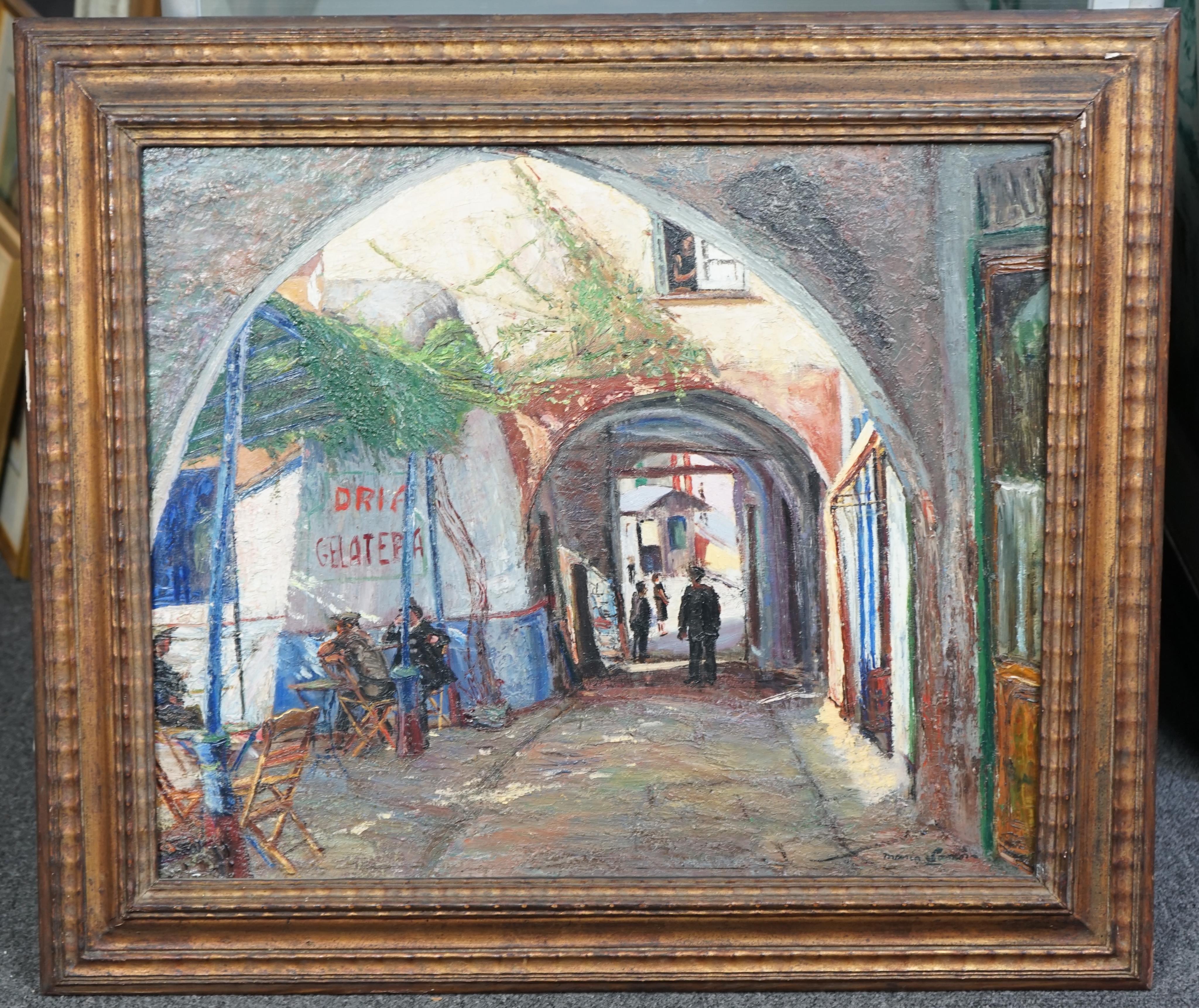 Maria Samora (British, 20th Century), 'A Street near Portofino', oil on panel, 46 x 55cm